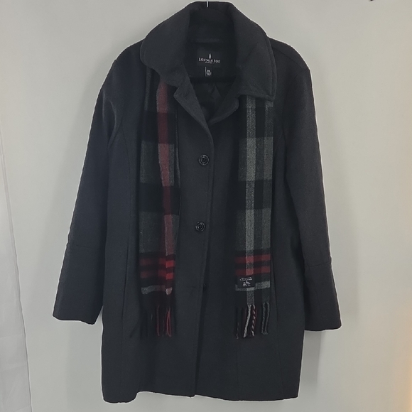 London Fog Dark Gray Pea Coat with Red and Black Plaid Scarf XXL
